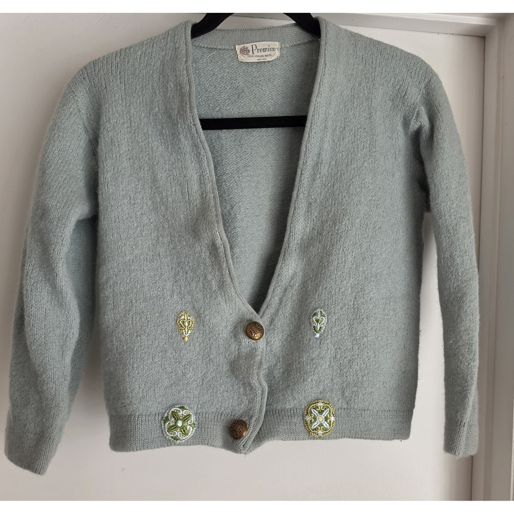 Vintage‎ Premier Blue Wool Cardigan Sz S Long Sleeve Cropped Sweater Embellished